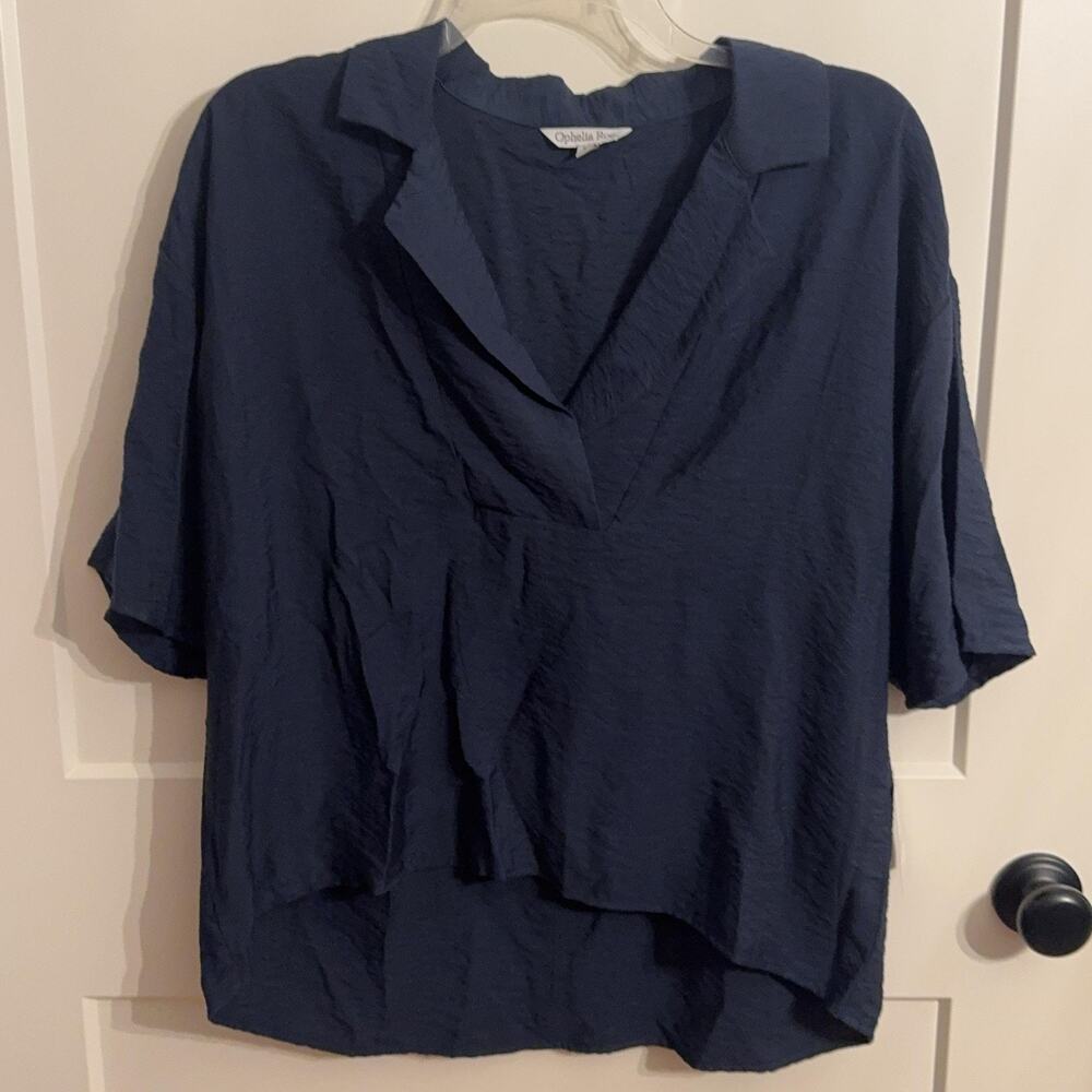 Ophelia Roe Top Sz XL Blue Popover Collared Crinkle Summer Blouse Casual Office